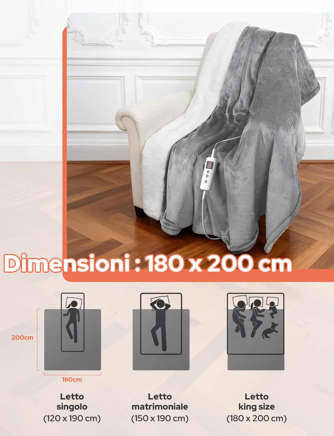 Coperta Termica Elettrica 200x180cm,Schermo LED-10 Livelli Temperatura,9 Impostazioni di Timer, Microfibra+Pile di Agnello,Lavabile,Riscaldamento Rapido,Spegnimento,Automatico-Grigio Chiaro