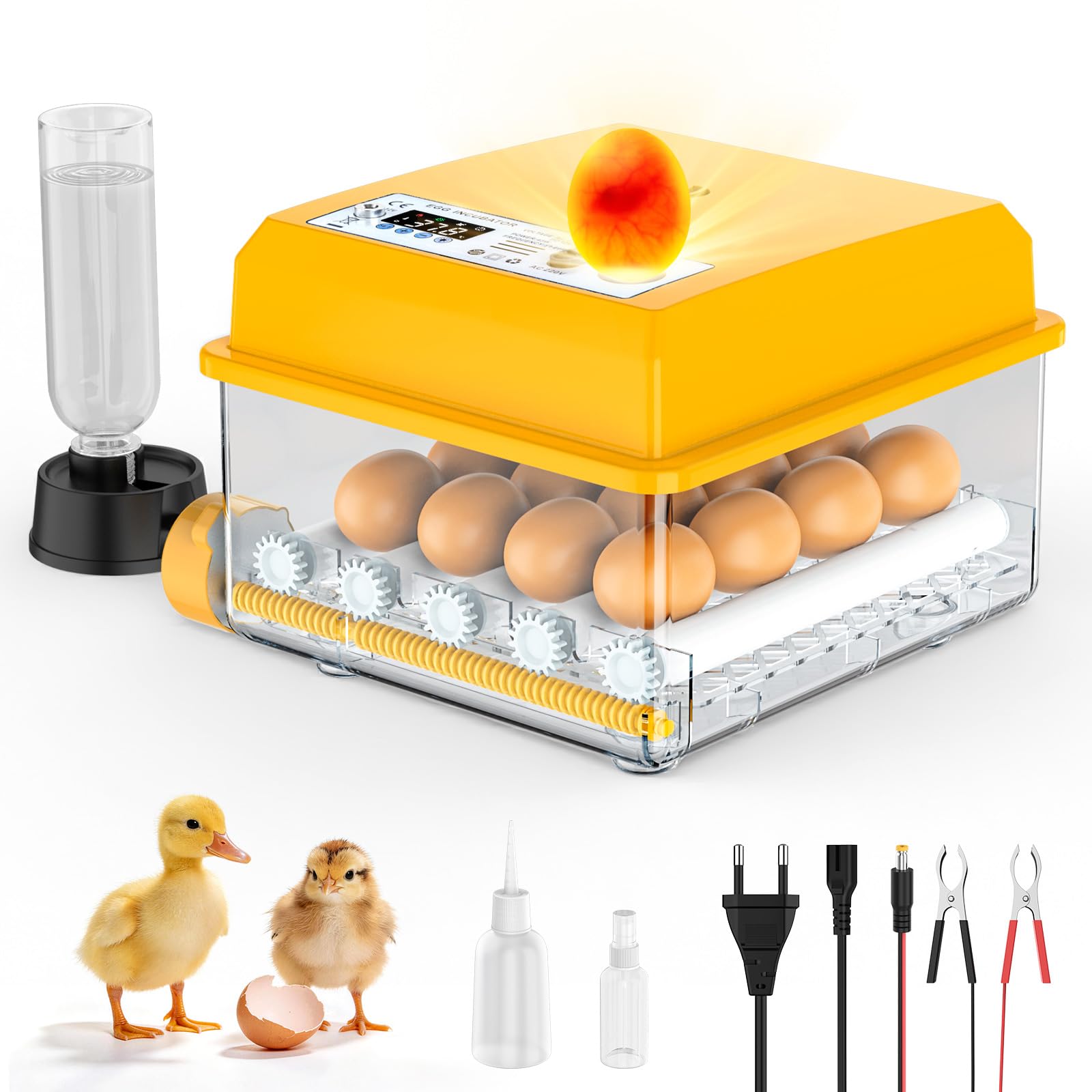 Incubadora Huevos Gallina Automática 16-120 Huevos, Incubadora con Volteo Automático y Adición de Agua, 12V/220V Dual, Pantalla LED, Control de Temperatura y Ovoscopio para Aves, Codorniz (16 Huevos)
