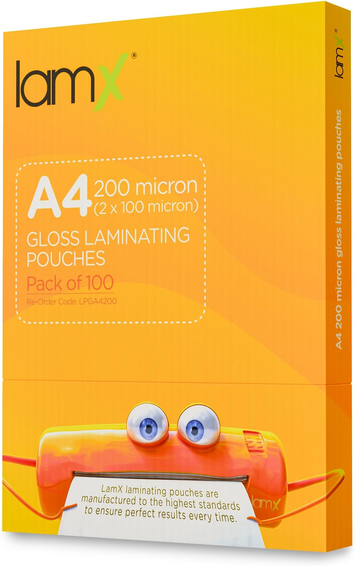 LamX Laminating Pouches A4 200 Micron, High Gloss Finish Sheets, Anti