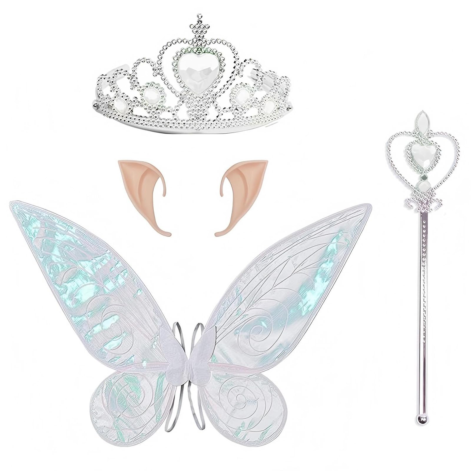 Falafoty Fairy Wings Butterfly Elf Dress up Set, Fairy Angel Princess Costume with Fairy Wings Wand Crown Elf Ears,Sparkly Fairy Fancy Dress Outfit for Birthday Halloween Cosplay Carnival Photo Shoot