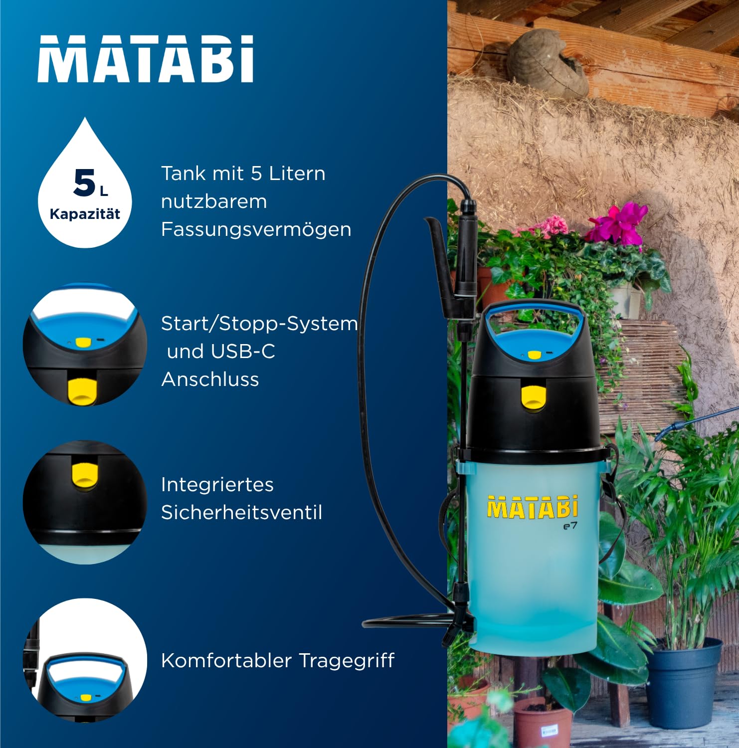 Matabi e7 Akku Drucksprüher 5 l - 50 l Autonomie, USB-C | Akku-Spritze mit 1,3 m Schlauch - Verstellbare Kegeldüse - LED-Anzeige - 36 cm Lanze - Für Garten und Beet