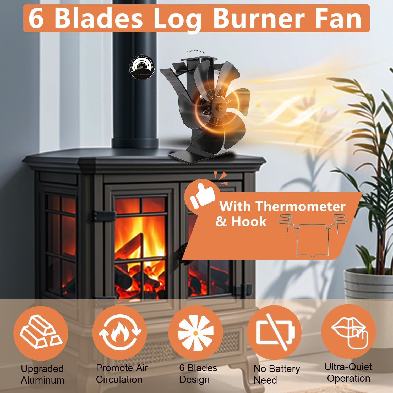 6 Blades Wood Stove Fan Heat Powered with Hook & Fireplace Thermometer, Non Electric Fireplace Fan for Indoor Wood Burning Stove Outdoor Camping Tent, Thermal Fan for Campers Homeowners