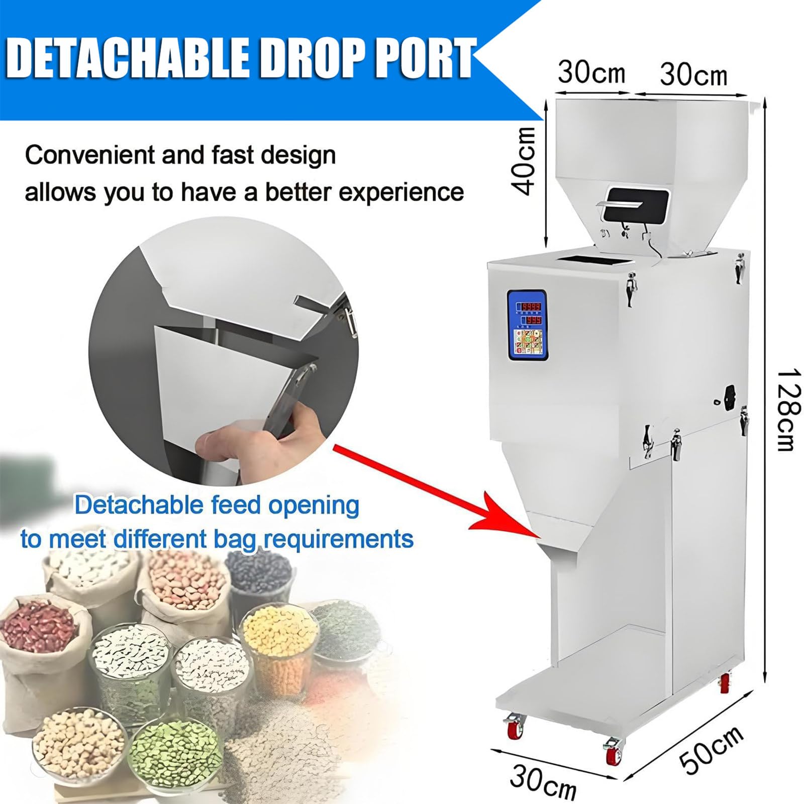 Máquina automática de llenado de Polvo con Pedal, Velocidad Ajustable 10g a 1500g, Operaciones eficientes de empaquetado y pesaje