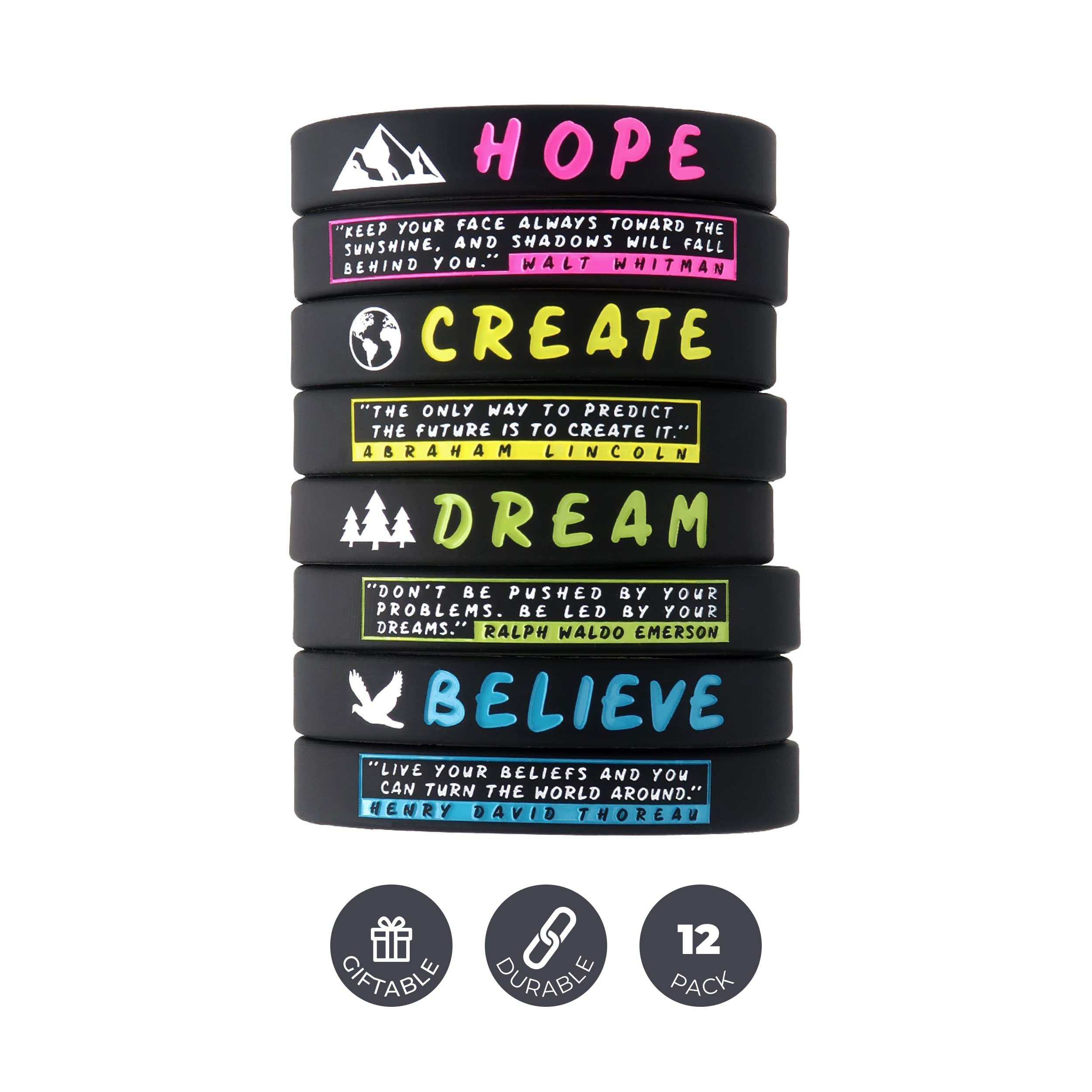 (12-Pack) Dream Believe Hope Create - Motivational Quote Bracelets in Bulk Lot Bundle of 12 Silicone Rubber Wrist Bands - Wholesale Inspirational Jewelry, Bulk Gifts and Party Favors for Adults