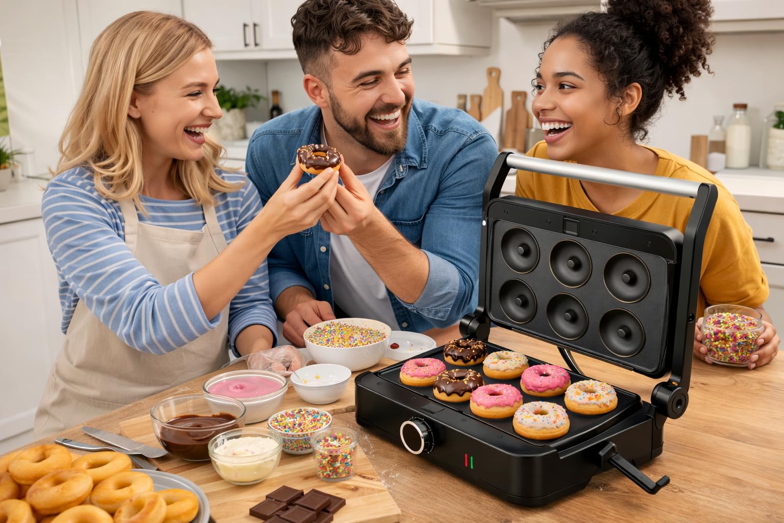 Syntrox SM-1000W Toledo Donut Maker elektrisch – Donut-Maschine mit Antihaft-Donutplatten – Mini Donuts schnell backen – stufenlose Temperatureinstellung – kompakt für Küche & Haushalt