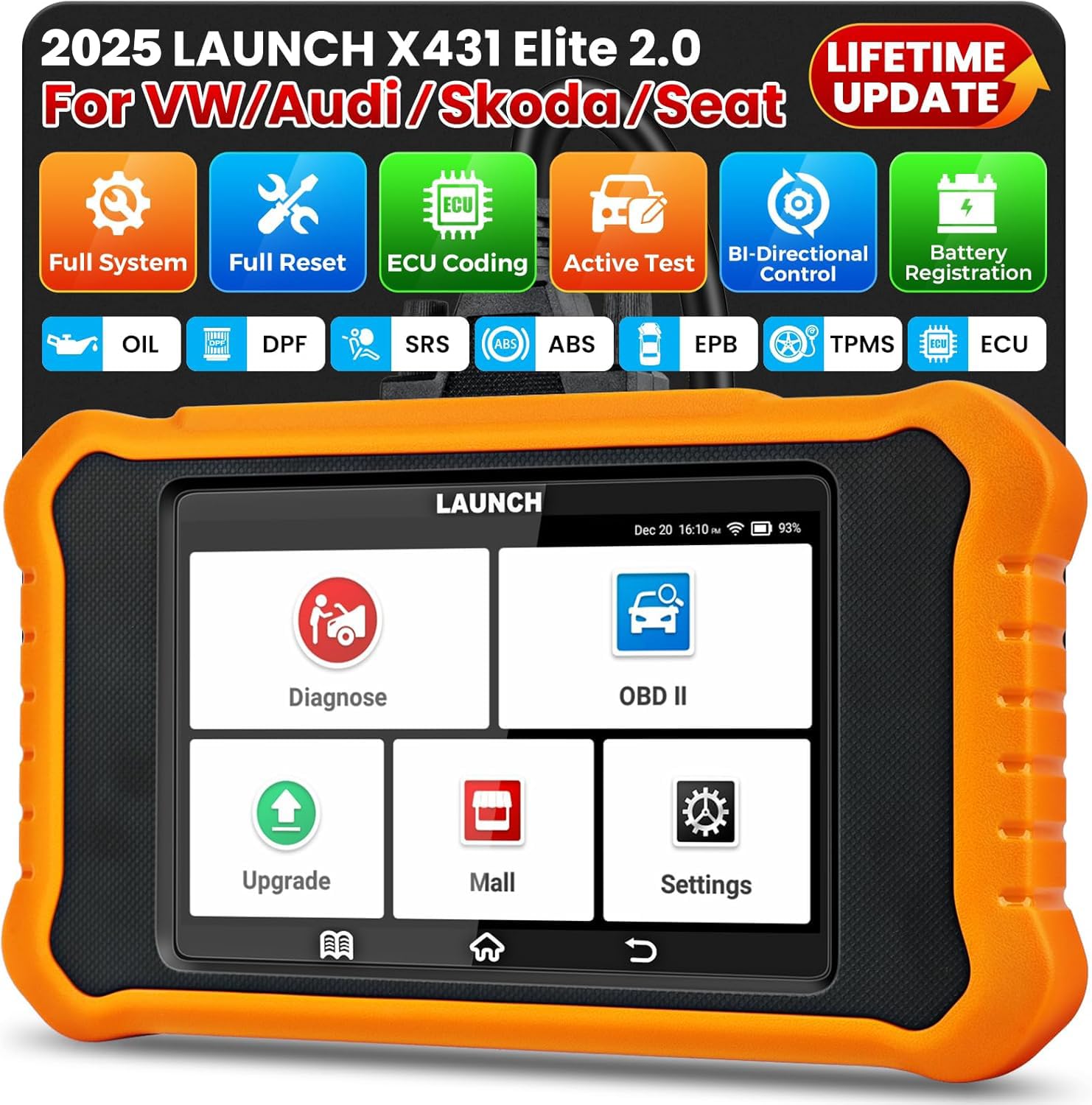 LAUNCH CRE 2.0 OBD2 Diagnosegerät für VW/für Audi/für Skoda/für Seat/für Bentley/für Bugatti/für Lamborghini,Alle Systems:Motor,Getriebe,ABS,SRS,TPMS,EPB,ESP usw.50+ Reset-Funktion,ECU-Codierung