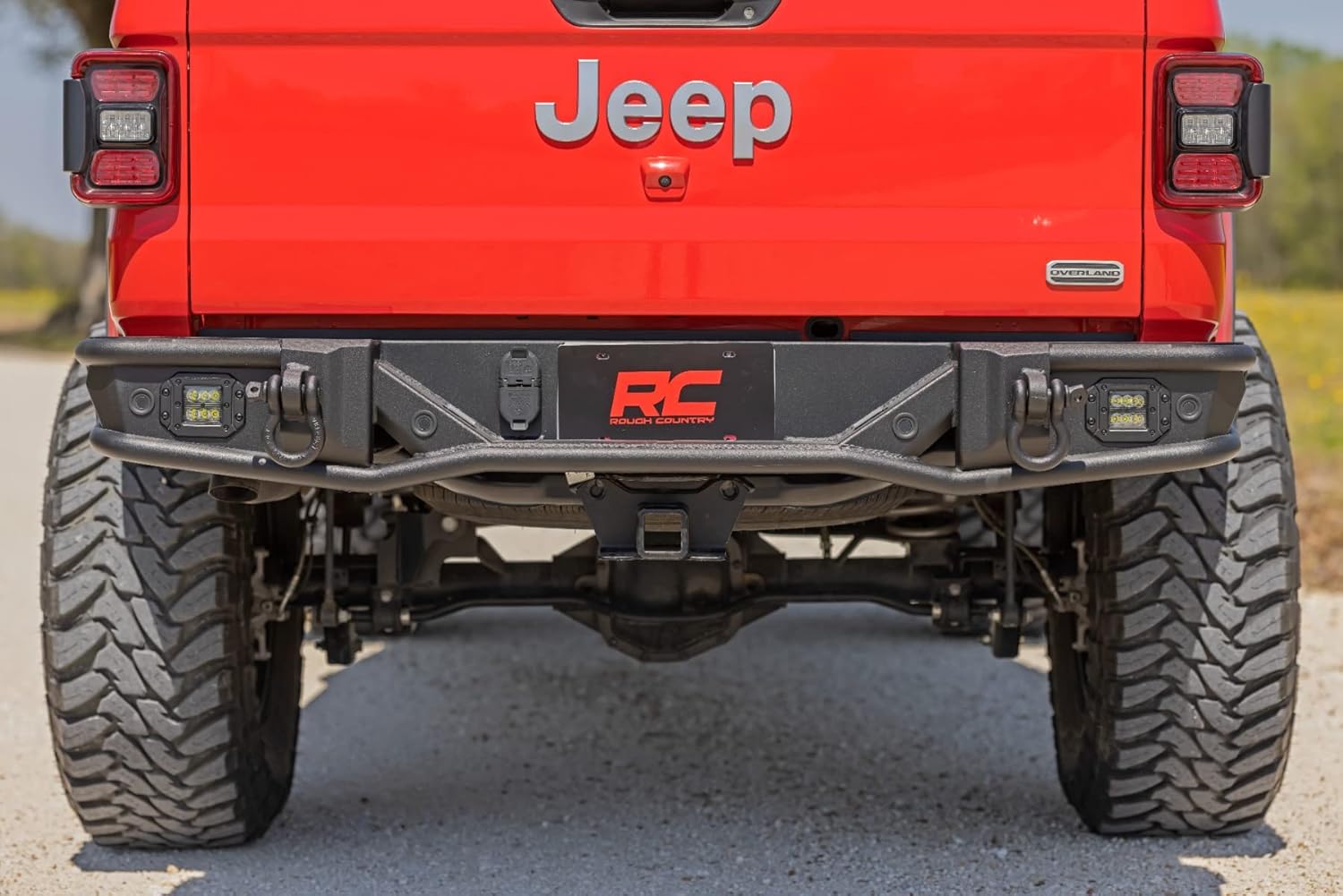 Rough Country Rear Tubular Bumper with LED Lights for Jeep Gladiator JT (2020-2025) - Includes D-Rings & Dual 2" Black Series LED Pods, No-Drill Install