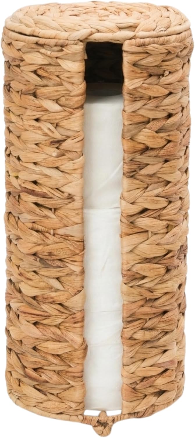 KOKODO Water Hyacinth Free Standing Toilet Paper Holder for Bathroom, Holds 3 Rolls of Toilet Tissue Storage with Removable Lid, Woven Wicker Toilet Roll Holder Stand with Easy Access Front Opening