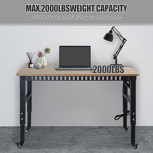 Miniatura 5 de Banco de trabajo con toma de corriente, capacidad de carga de 2000 libras, banco de trabajo de madera dura ajustable de 48 pulgadas con ruedas para
