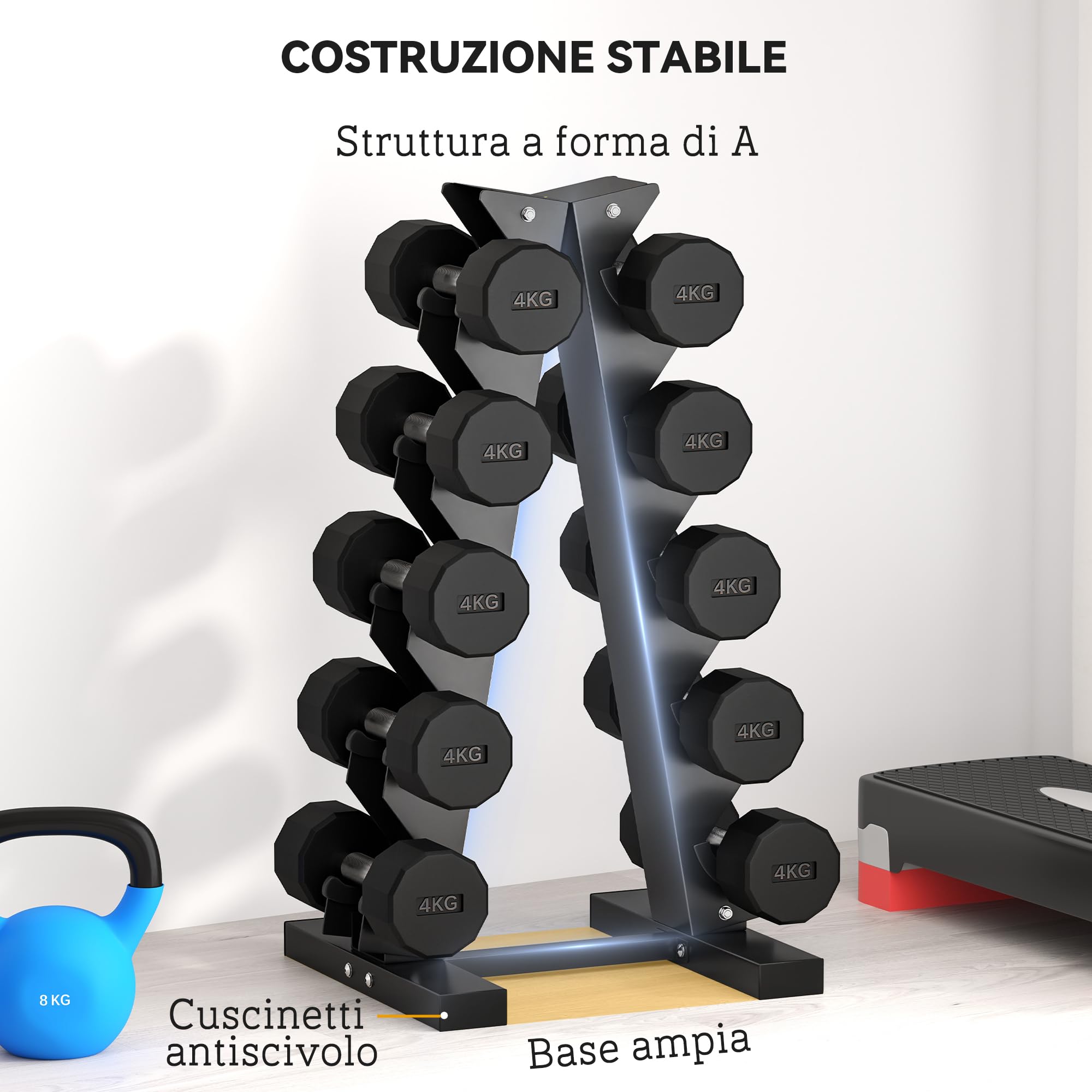 SPORTNOW Rastrelliera per Manubri in Acciaio a 5 Livelli, Rastrelliera da Casa con Inserti in Plastica, 35x33x66 cm, Nera