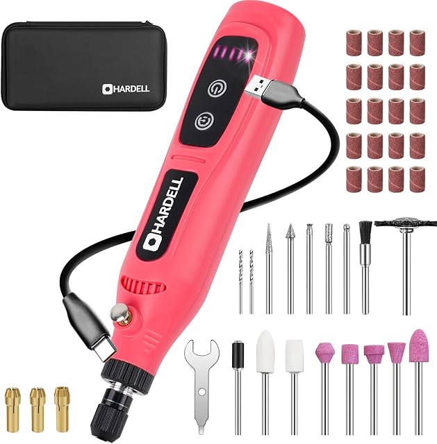 HARDELL Mini Cordless Rotary Tool 3.7V, 5-Speed Rotary Tool Kit with 43 Accessories,Type-C Charging Power for Engraving, Sanding, Polishing, Drilling, Grinding, Small DIY Crafts (Pink-Black)