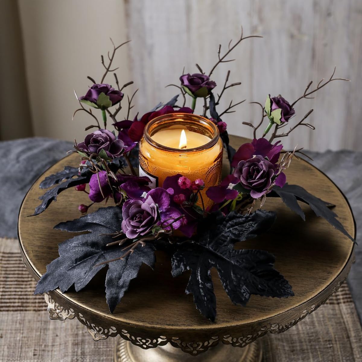 Halloween Candle Ring Wreath Artificial Flower Maple Leaf Wreath Gothic Black Purple Floral Candle Holder Tables Centerpieces for Halloween Thanksgiving Home Kitchen Farmhouse Decor