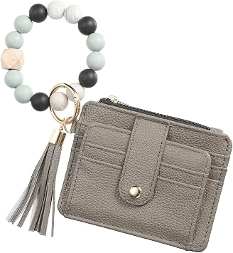 Small Credit Card Wallet with Keychain Wristlet Beads Ring, PU Leather Card Holder - 8 Card Slots & 1 ID Window & 1 Zipper Pocket, Grey Brown