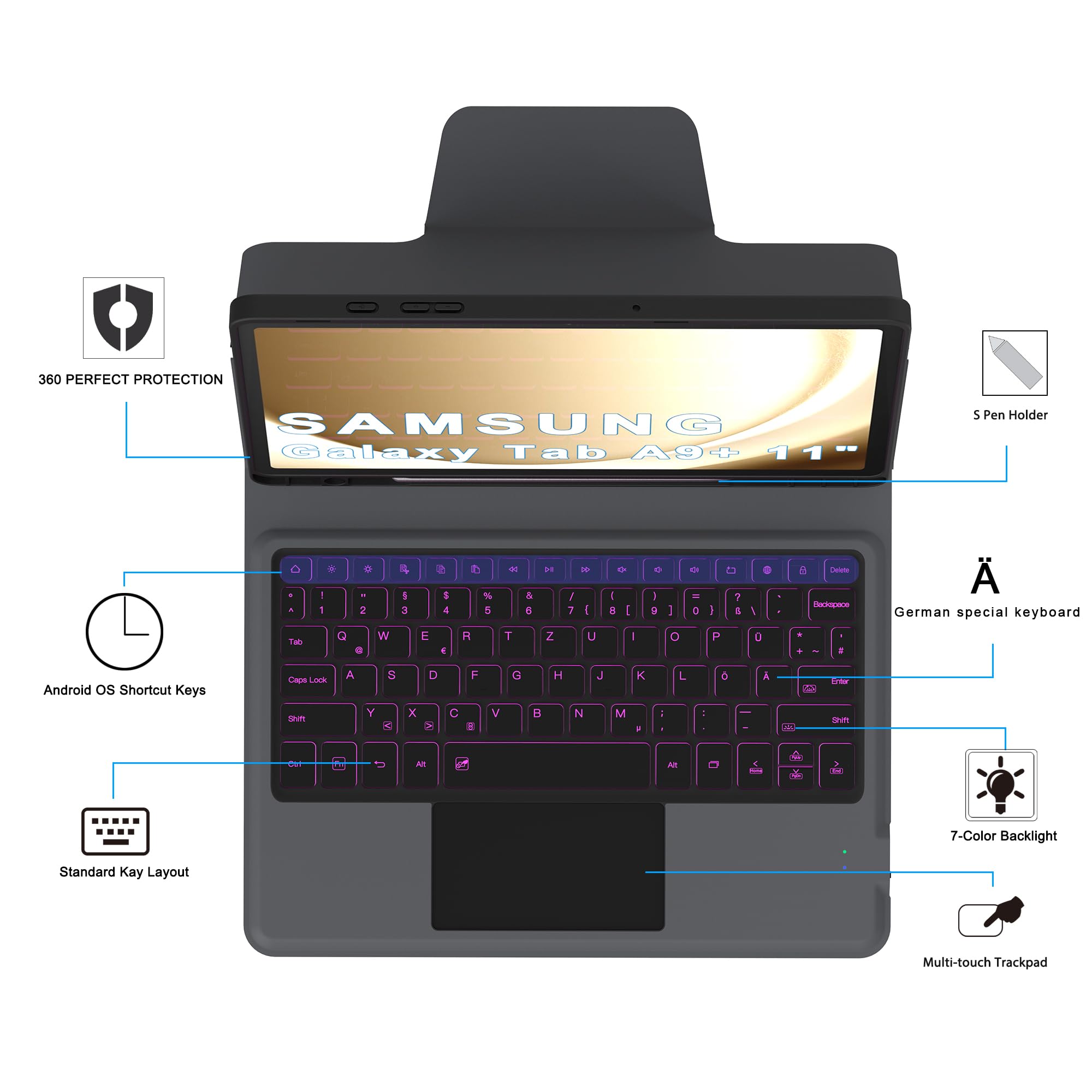 Tastiera QWERTZ per Samsung Galaxy Tab A9+ Plus da 11 pollici, con touchpad | Tastiera retroilluminata RGB a 7 colori, con trackpad, portapenne, rimovibile, magnetica, per studenti, viaggi