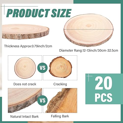 Miniatura 2 de 20 piezas redondas de madera, grandes rebanadas de madera sin terminar, rústicas, corteza de árbol, círculos de madera natural, a granel para bodas,