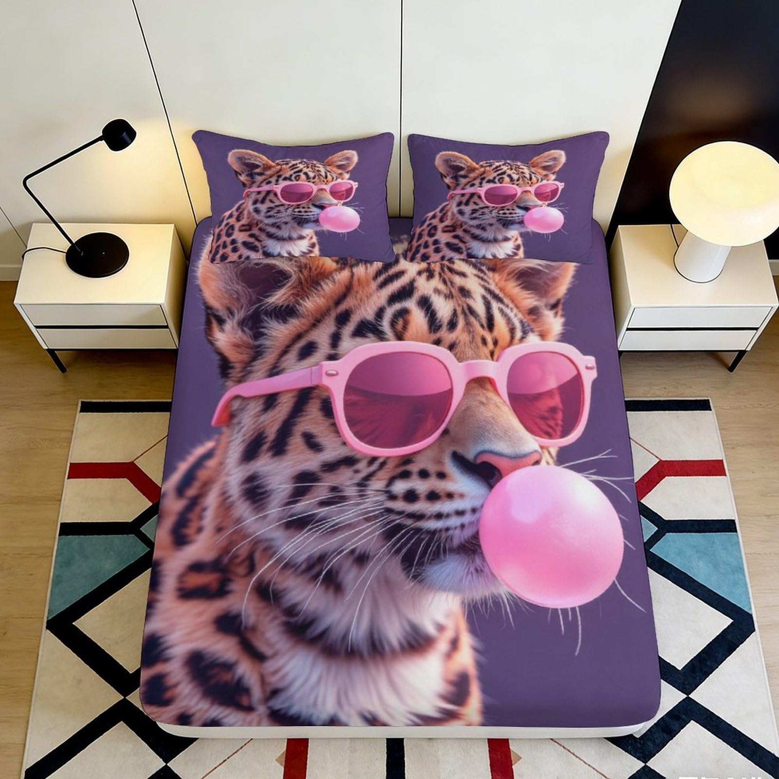 3D Printed Leopard Sunglasses Fitted Sheet Microfiber Bubble Gum Bed Cover for Bedroom Dorm Youth Mattress Protection Decor 120x200x25cm