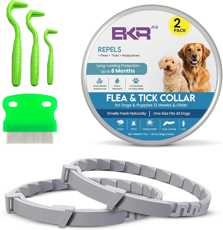 Collar antipulgas para perros y garrapatas (paquete de 2) – Collar antipulgas impermeable natural para perros y cachorros con collar antipulgas ajustable para perros de 8 meses de protección que incluye herramientas de eliminación de garrapatas y peine antipulgas