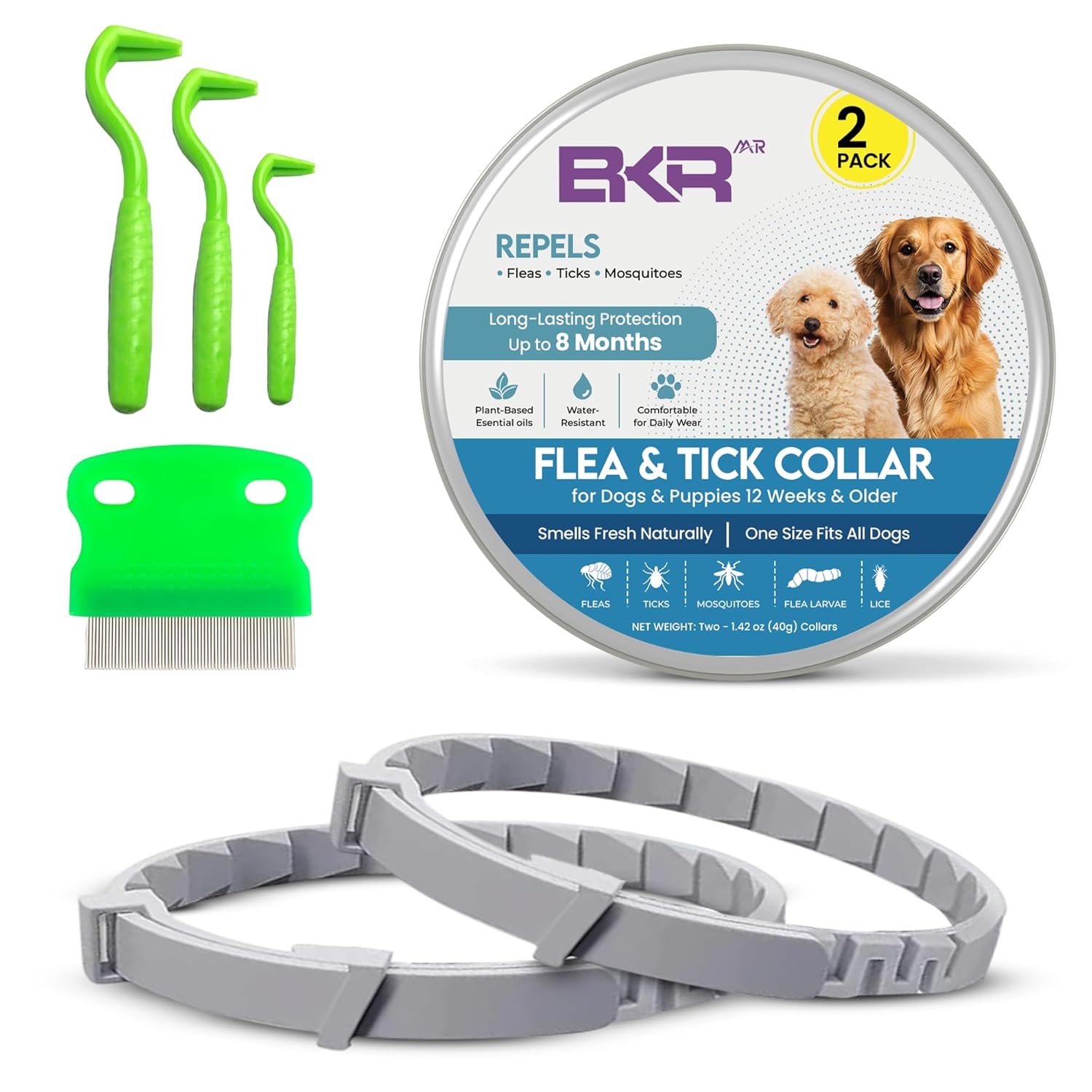 Dog Flea and Tick Collar (2 Pack) – Natural Waterproof Flea Collar for Dogs & Puppies with 8 Month Protection Adjustable Dog Flea Collar Includes Tick Removal Tools & Flea Comb