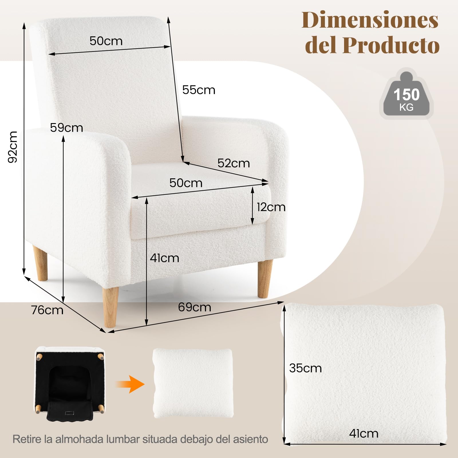 COSTWAY Sillón Relax Moderno Tapizado Felpa de Peluche, Butacas de Salón 76 x 69 x 92 cm con Reposabrazos, Cojín Lumbar, Sillón Lectura Cómodo con Cojín Grueso para Dormitorio, Balcón, Blanco