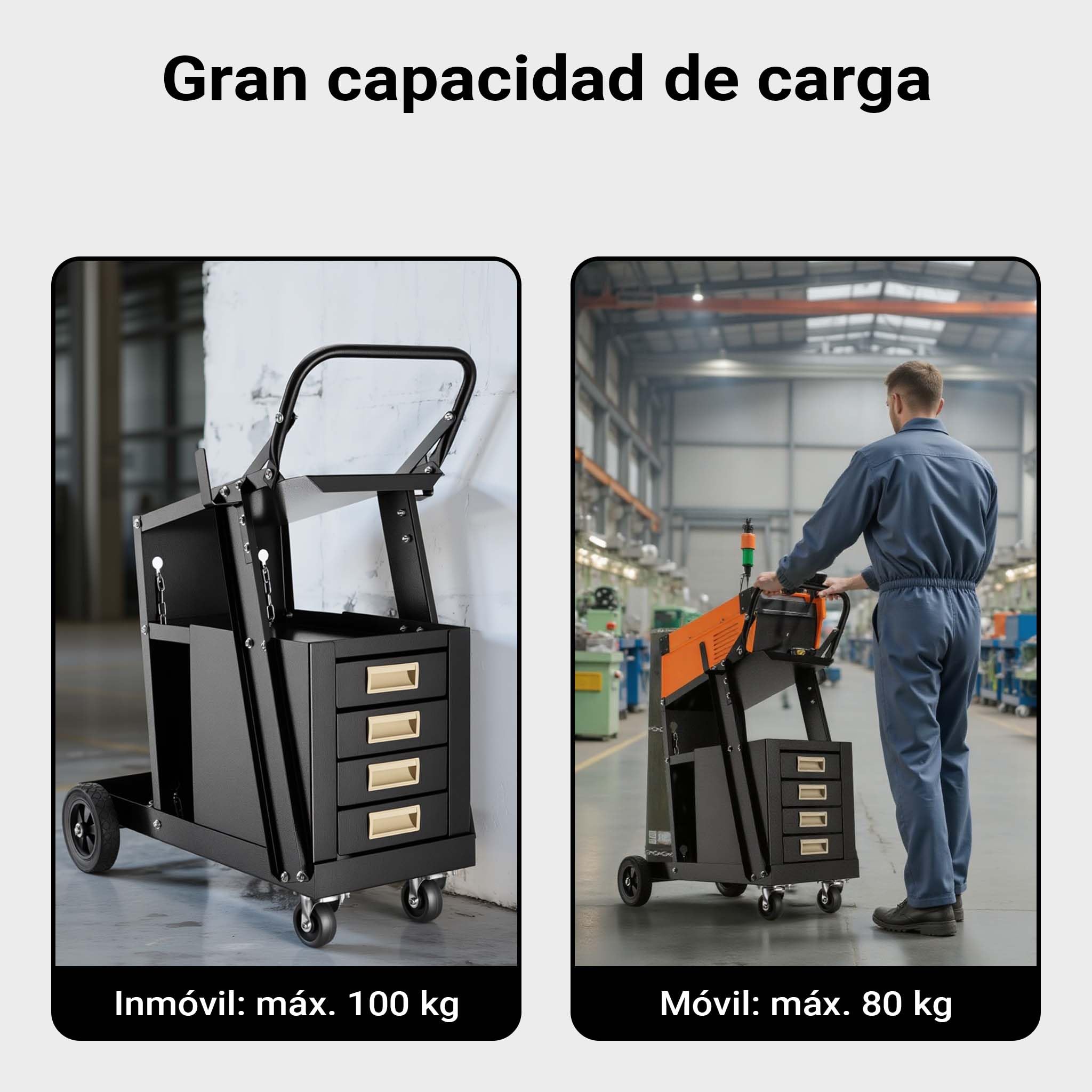 Wiltec Carrito para Equipo de Soldadura 100 kg Hecho de Acero con 4 cajones y Ruedas para fácil Transporte Ganchos para Herramientas Cadenas de Seguridad para bombona Carro para Taller