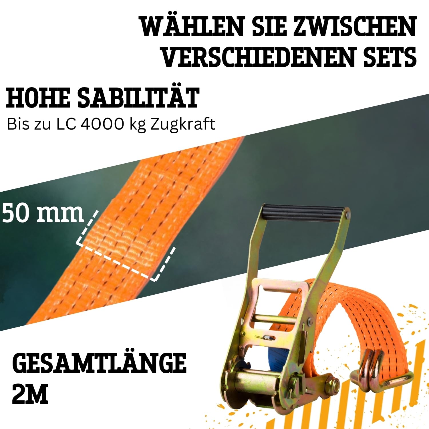 Safetytex Spanngurt 4t 50 mm x 2 m - 2-teilig mit Ratsche & Spitzhaken - hochwertiger Spanngurt aus Polyester - Zugkraft 4000 kg, für Transport & Sichern von Lasten (10 Stück)