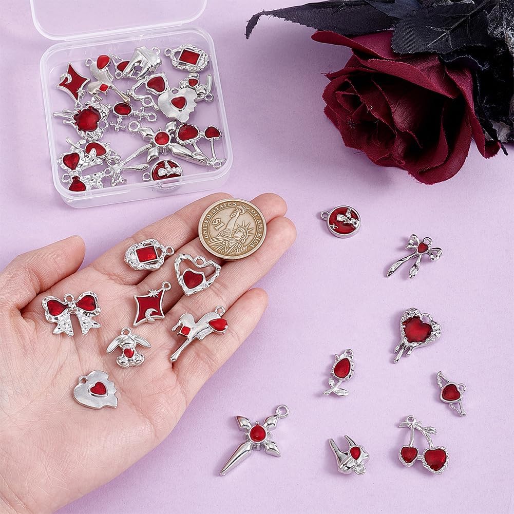 PH PandaHall 30Pcs Enamel Gothic Charms Pendants, 15 Styles Cross Heart Bowknot Metal Pendant Gothic Style Alloy Enamel Dangle Charm Red Rhinestone Charms for DIY Craft Necklace Jewelry Making - Image 3