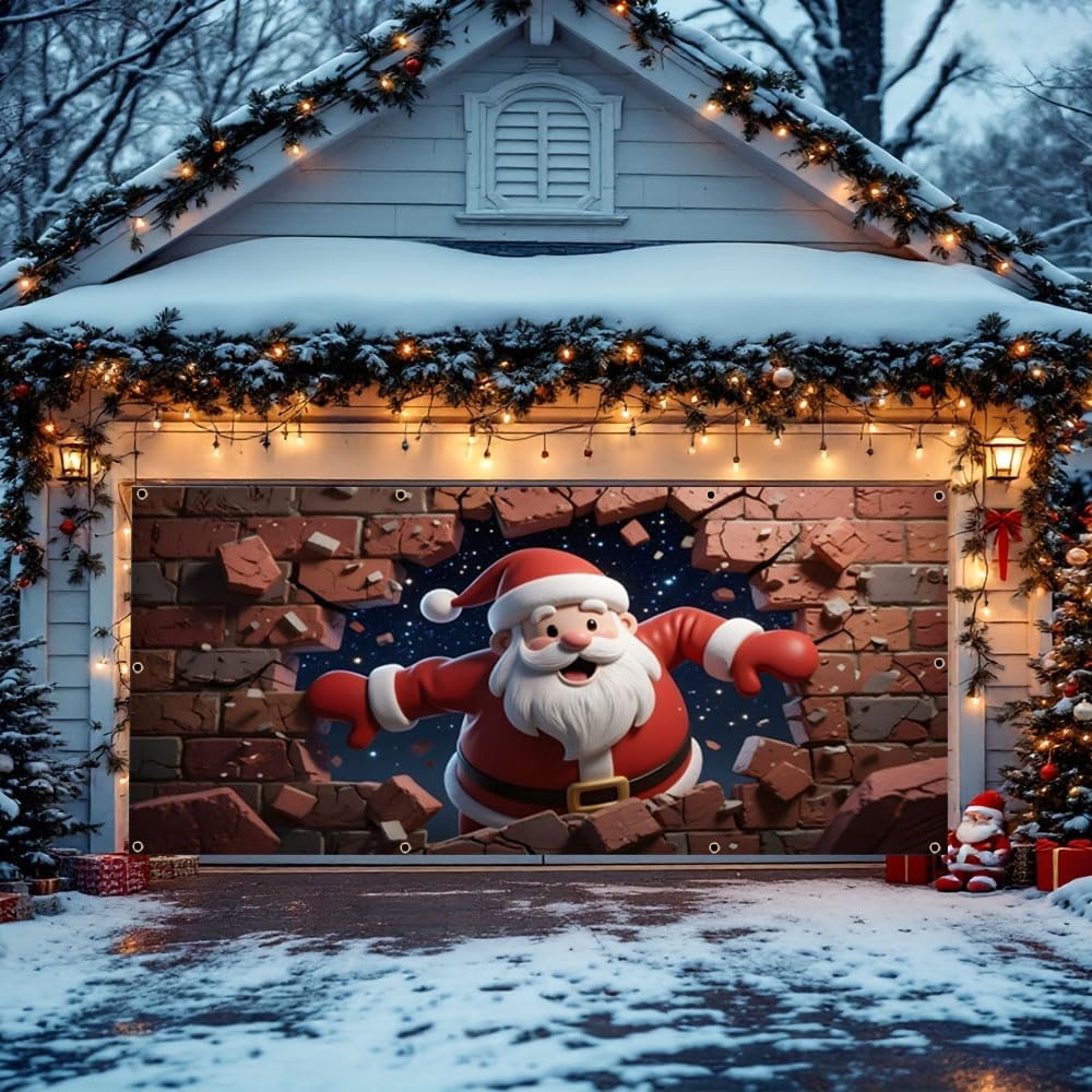 7x16ft Christmas Garage Door Cover for Double Car Brick Wall Star Night Santa Claus Christmas Garage Door Banner Backdrop for Photography for Outdoor Xmas Party Decorations Wall Decor