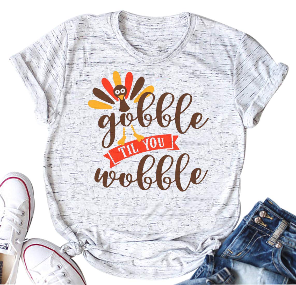 YUYUEYUEGobble Til You Wobble Funny Thanksgiving Shirt Women Casual Short Sleeve T-Shirt Turkey Top Tee