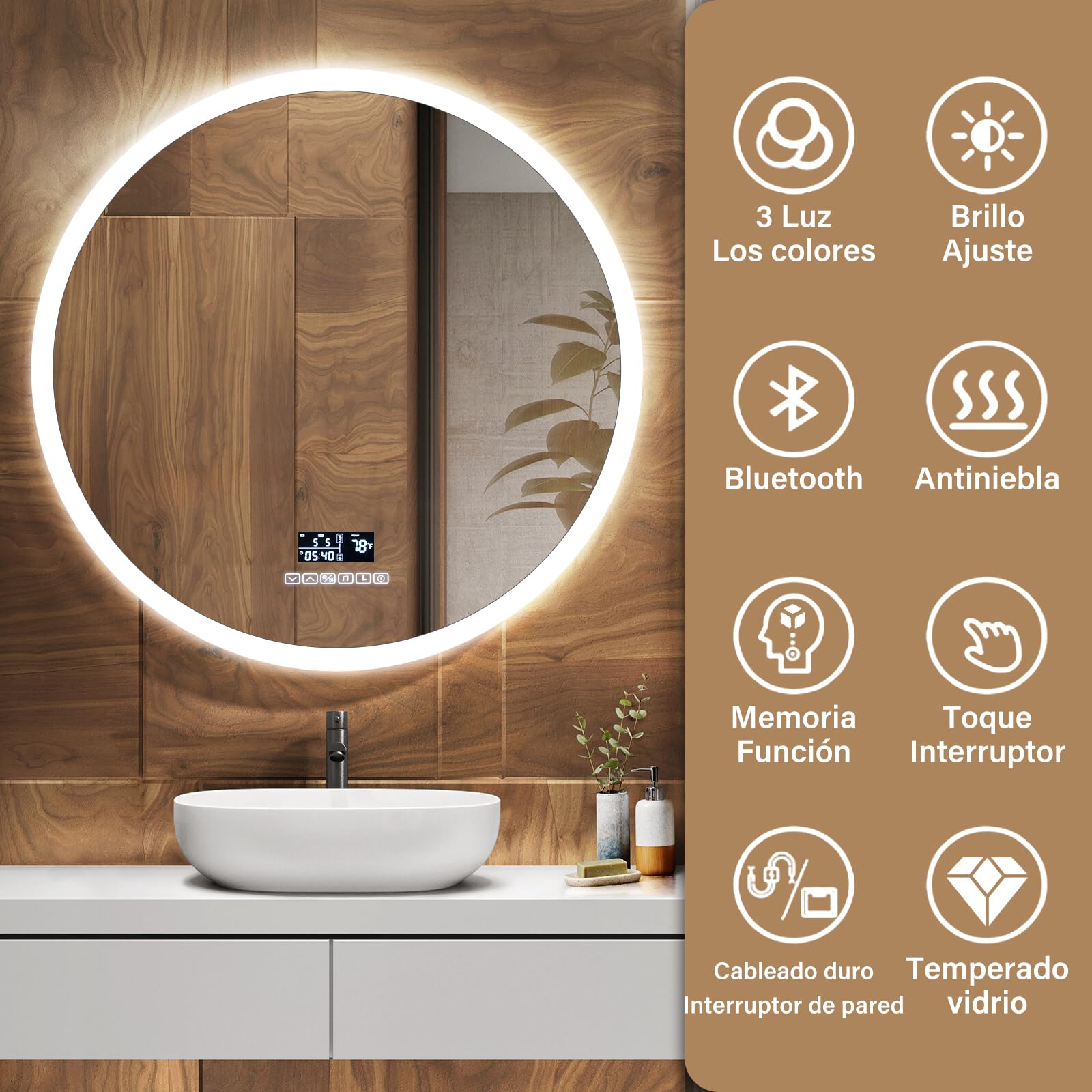 Genérico Espejo de Pared para baño LED Redondos 60x60CM con Interruptor táctil de iluminación y antivaho, Espejo de Pared con 3 Colores de luz Ajustables [Clase energética E]