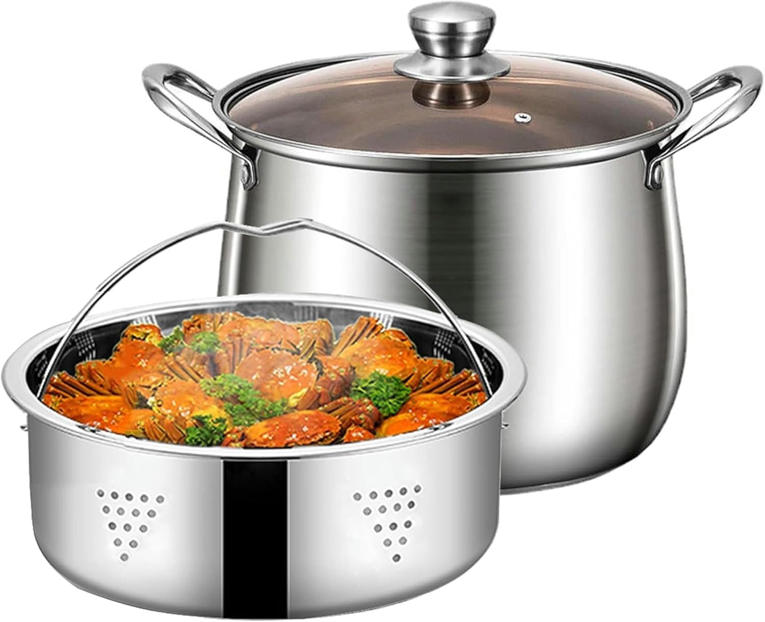 Stainless Steel Stockpot Seafood Steamer with Glass Lid and Basket – 6.7/8.6/10.9Qt Sauce Pan Deep Chicken Stew Pot Multipurpose Stock Pot Pasta Soup Pot for Dumplings, Vegetables or Fish