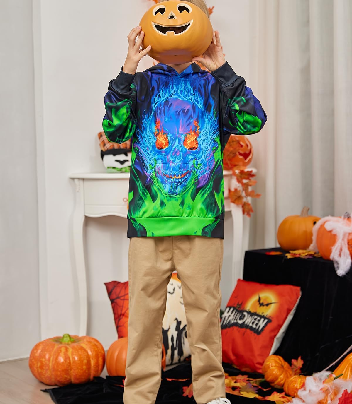 Ahegao Boys Hoodies Blue Purple Fire Sweatshirts for Kids Size 6 7 8 Years Pullover Comfy Long Sleeve Black Skull Hoody Sweats with Pockets - Image 3