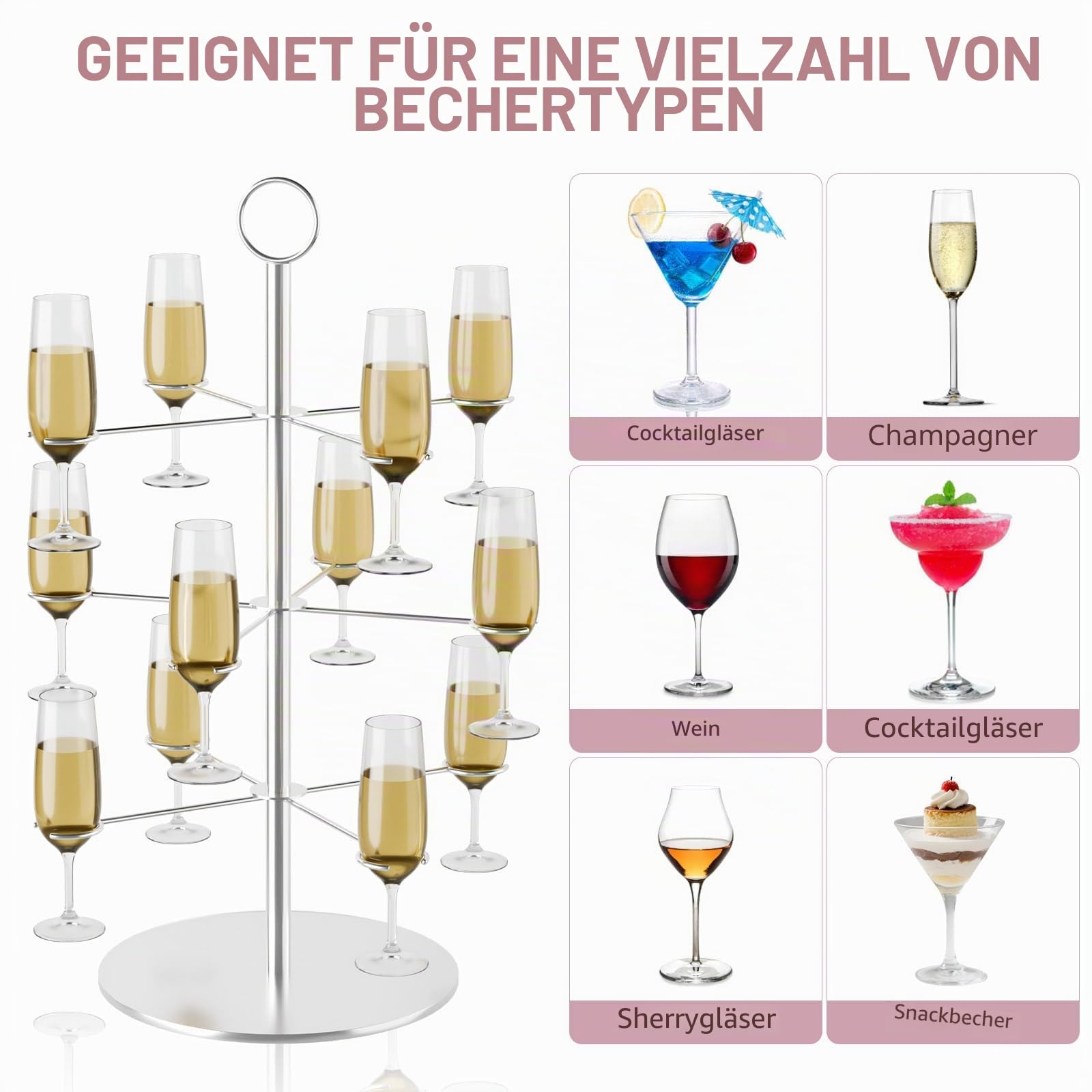 MOCOBO 3-Etagen Champagnerturm-Ständer für 12 Gläser – Silberner Metall-Cocktailbaum-Rack, Weinglas-Displayhalter für Partys, Hochzeiten, Bars, Martini & Aperol Getränke