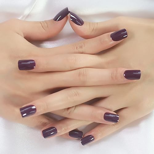 Miniatura 5 de Uñas postizas cuadradas medianas, uñas postizas moradas, puntas de uñas artificiales, uñas de gel brillantes, uñas de gel de cobertura completa,