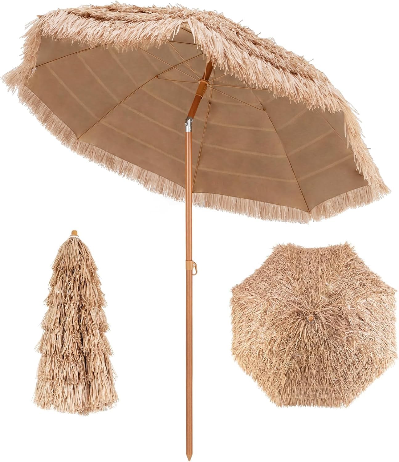 COSTWAY Ombrellone di Paglia in PP 208 cm, Ombrellone da Spiaggia Pieghevole, Parasole Hawaiano con Inclinabile in Metallo, Resistente all'Acqua e al Sole, per Spiaggia Giardino Balcone