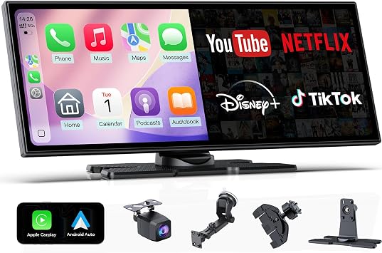 11.26" CarPlay Screen for Car, Built-in N-etflix/YouTube/TikTok, Car Stereo for Apple CarPlay & Android Auto Touchscreen, Voice Control, OTA Update, 1080P Backup Camera Fits All Vehicles