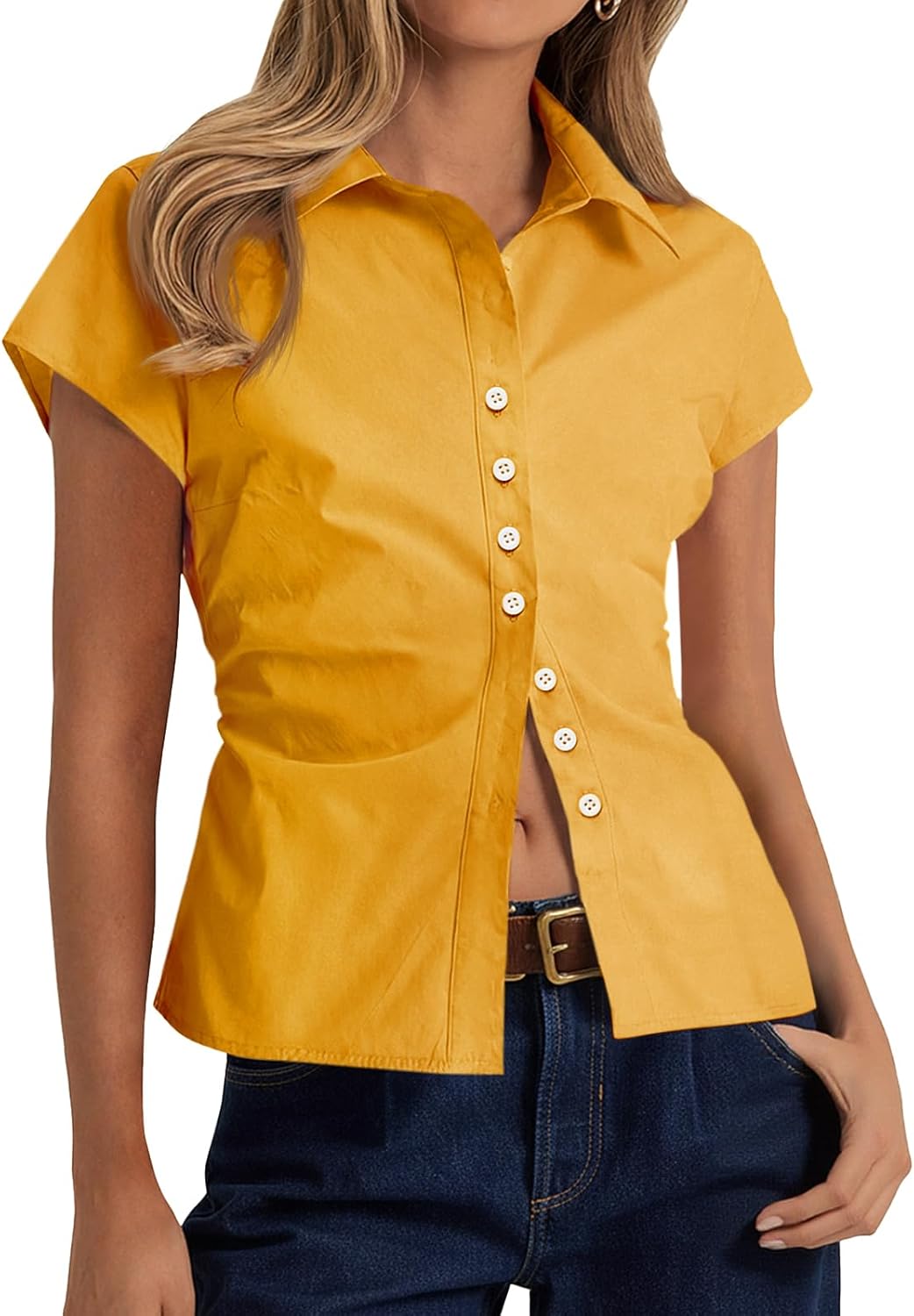 Cicy Bell Womens Summer Button Down Shirts Short Sleeve Slim Fit Ruched Cotton Blouses Cute Going Out Tops