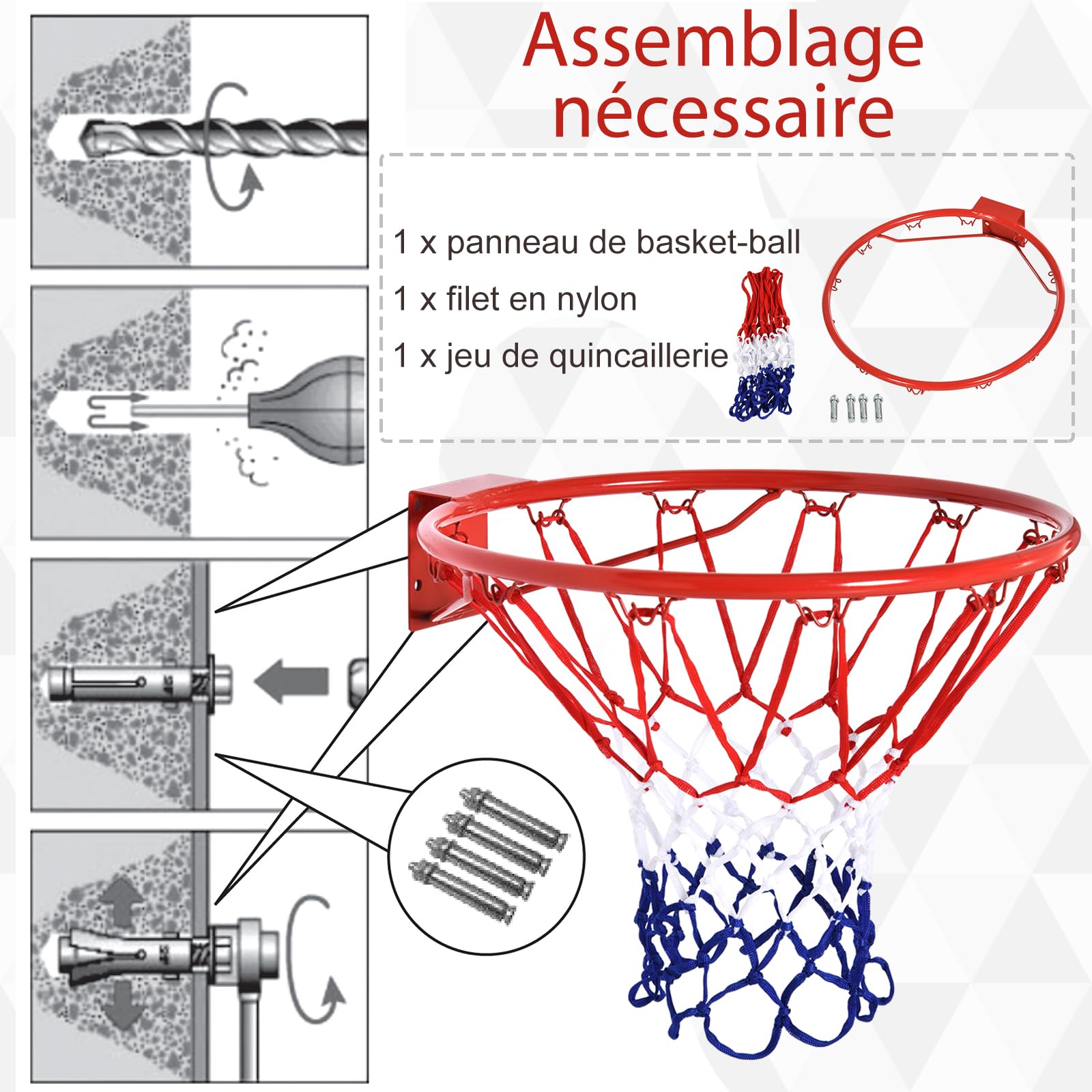 HOMCOM Panier de Basket, Anneau de Basketball avec Filet Ø 46 cm, Support de Basket-Ball Suspendu Mural intérieur et extérieur, Rouge