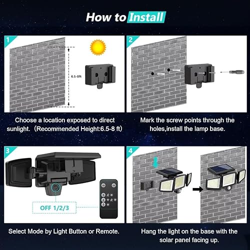 Miniatura 6 de Tuffenough - Lámparas solares para exteriores, 2500 lm, 210 luces LED de seguridad con control remoto, 3 cabezales de luces con sensor de