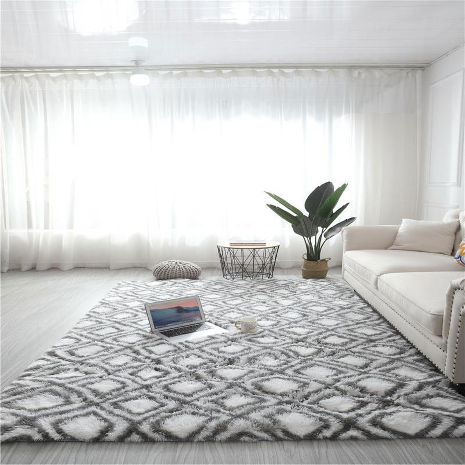 Tapis antidérapant doux à poils longs grand tapis de peluche blanche lavable pour maison