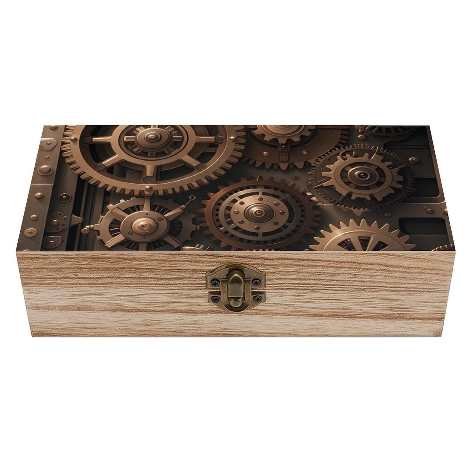 FekiLoot Steampunk Mechanical Gears Wooden Keepsake Box Decorative Wood Storage Organizer with Hinged Lid Large Handmade Boxes Wedding Memory Treasure Box for Jewelry Photos Stamps Crafts