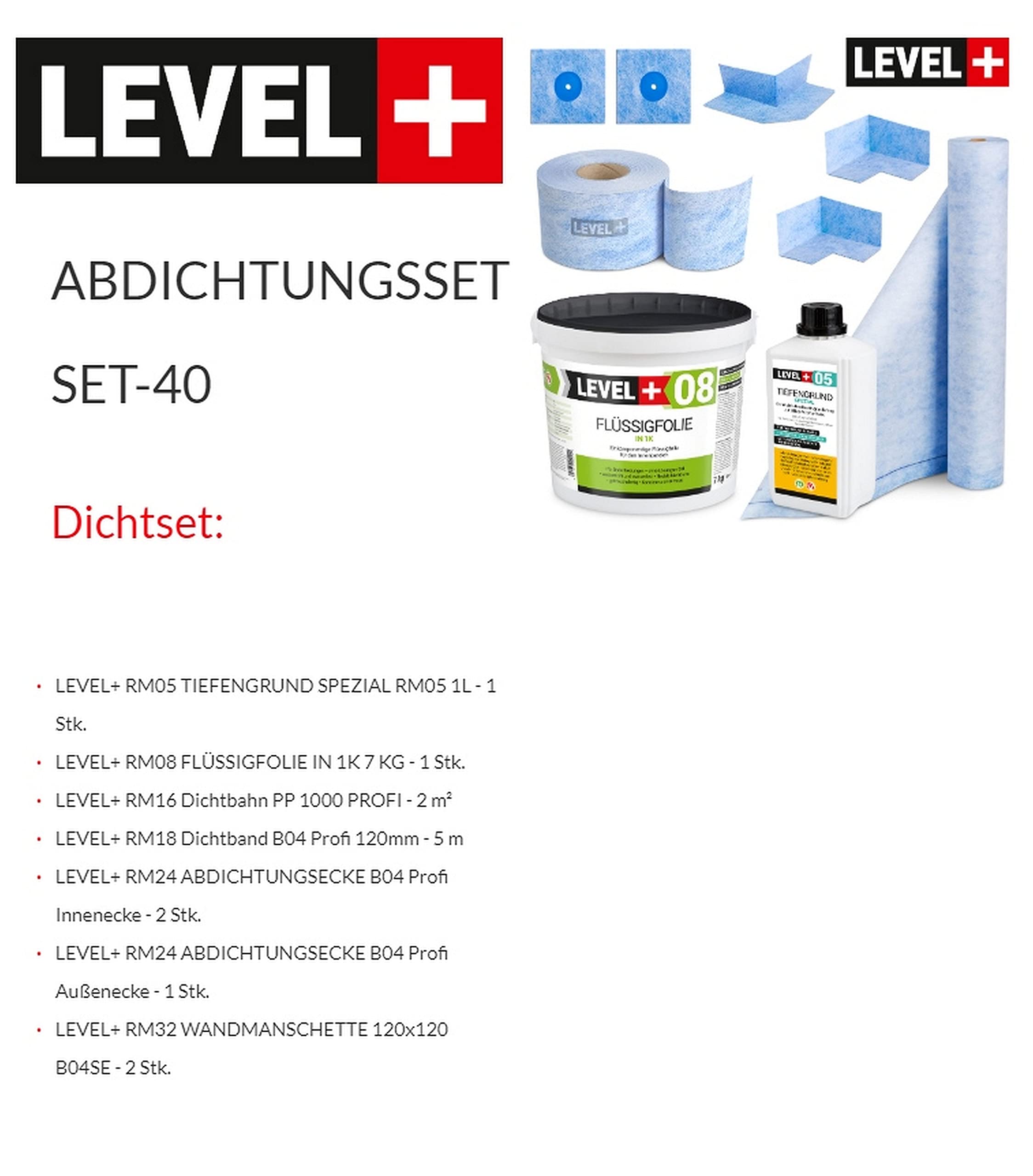 Set de sellado de ducha para baño 7 kg, lámina líquida impermeabilizante, 2 esquinas interiores, 1 esquina exterior, 2 manguitos de pared, banda de sellado de 5 m, 2 m de fondo de 1 L SET40