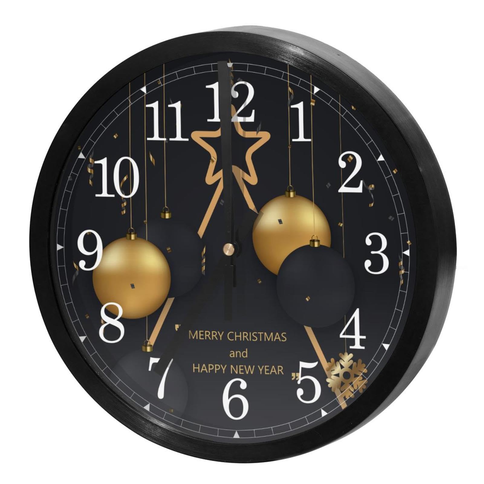 Horloge murale silencieuse à quartz noire et dorée avec boules de Noël pour la maison