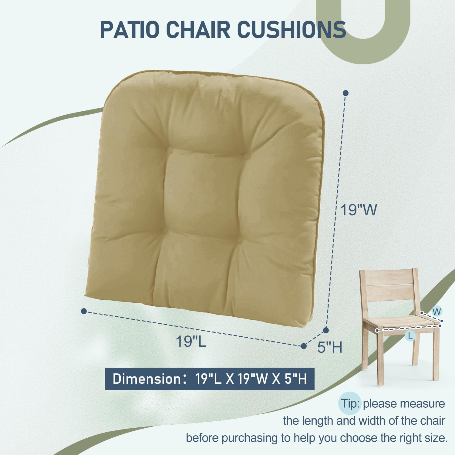 downluxe Lot de 2 Coussins de Chaise d'extérieur touffetés imperméables et surrembourrés en Mousse à mémoire de Forme pour Meubles de terrasse – 48,3 x 48,3 x 12,7 cm – Kaki