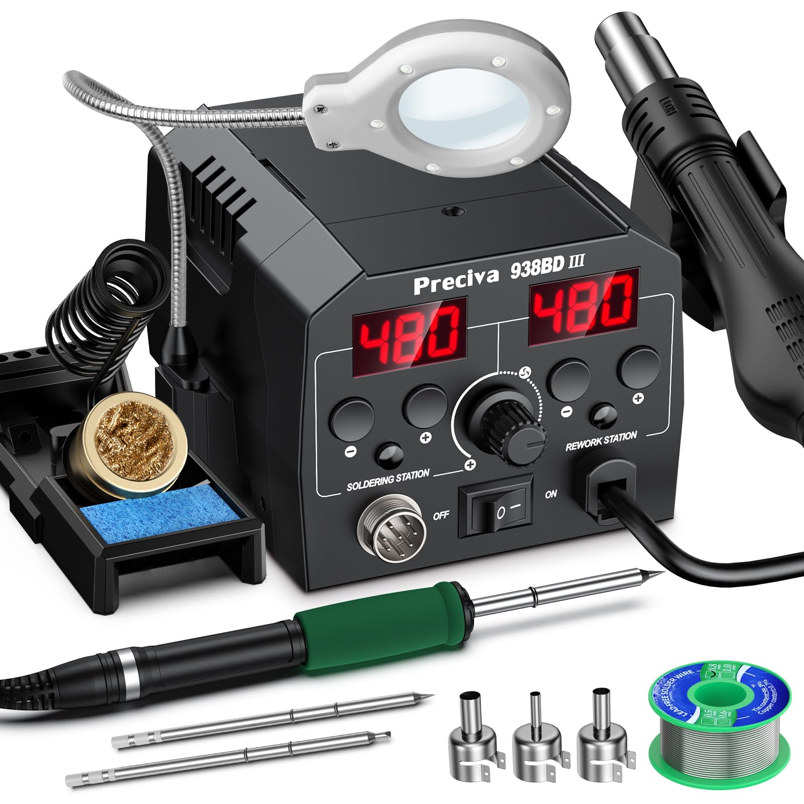 Preciva Lötstation 938BD III 775W Heißluft-Ausbesserungsstation Dual-Digital-Display Zwei-in-Eins-Workstation 200℃-480℃ Lötstation Set