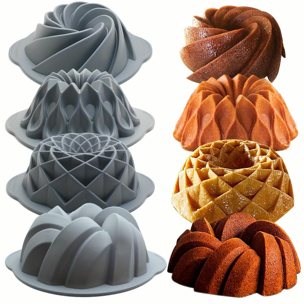 NYSDM Lot de 4 moules à gâteaux en Silicone antiadhésifs à Tubes cannelés pour gâteaux de Cuisson Brownies Flan Pain de Viande Couronne Nid Formes tressées en Spirale
