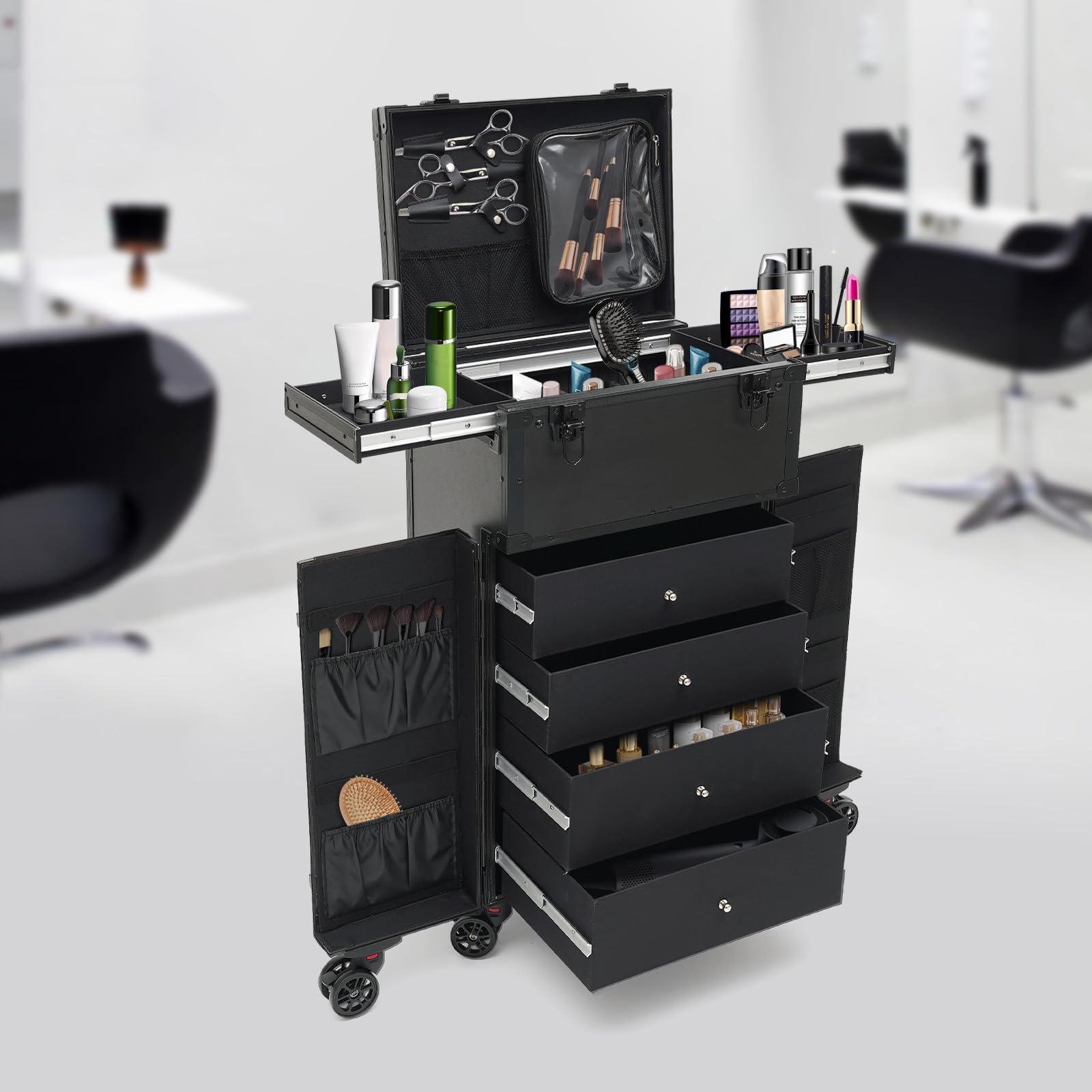 Valigetta per cosmetici con 4 cassetti, grande valigetta per trucchi e unghie, beauty case, per parrucchieri, colore nero scuro