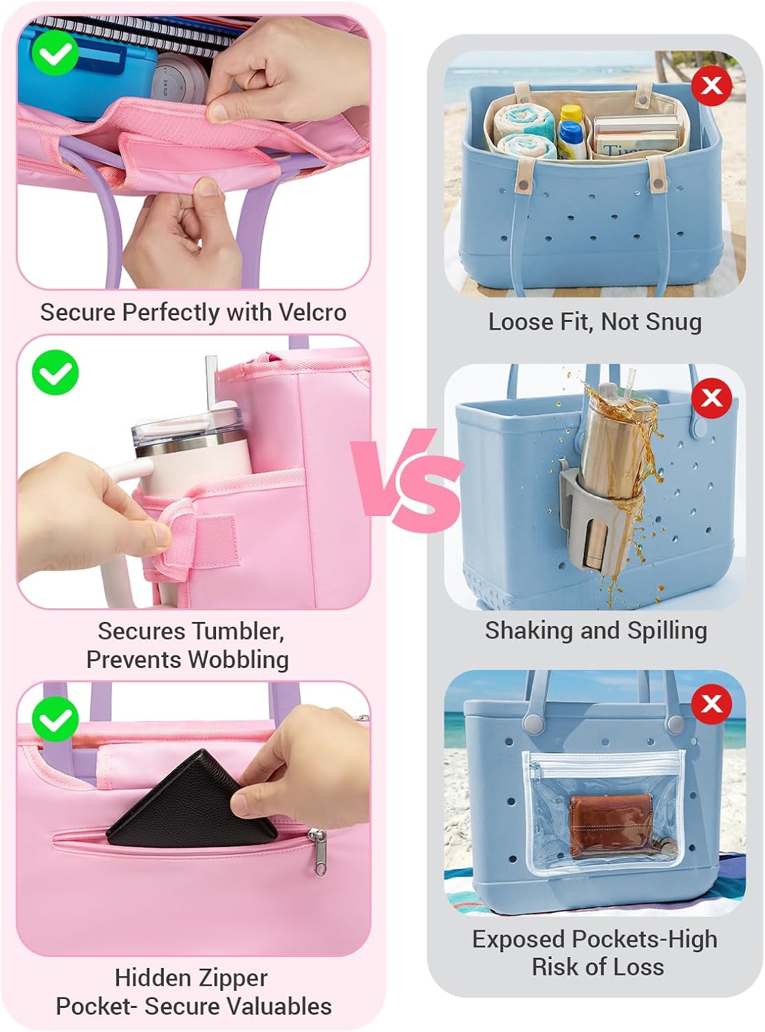 Nyton Organizer Insert Only for Medium Bogg Bag Accessories Inserts Cover with Zipper Top Lid Mutli Quick-Access Outer Pockets Structured Organizers Divider with Cup Holder for Work College (PINK, M)