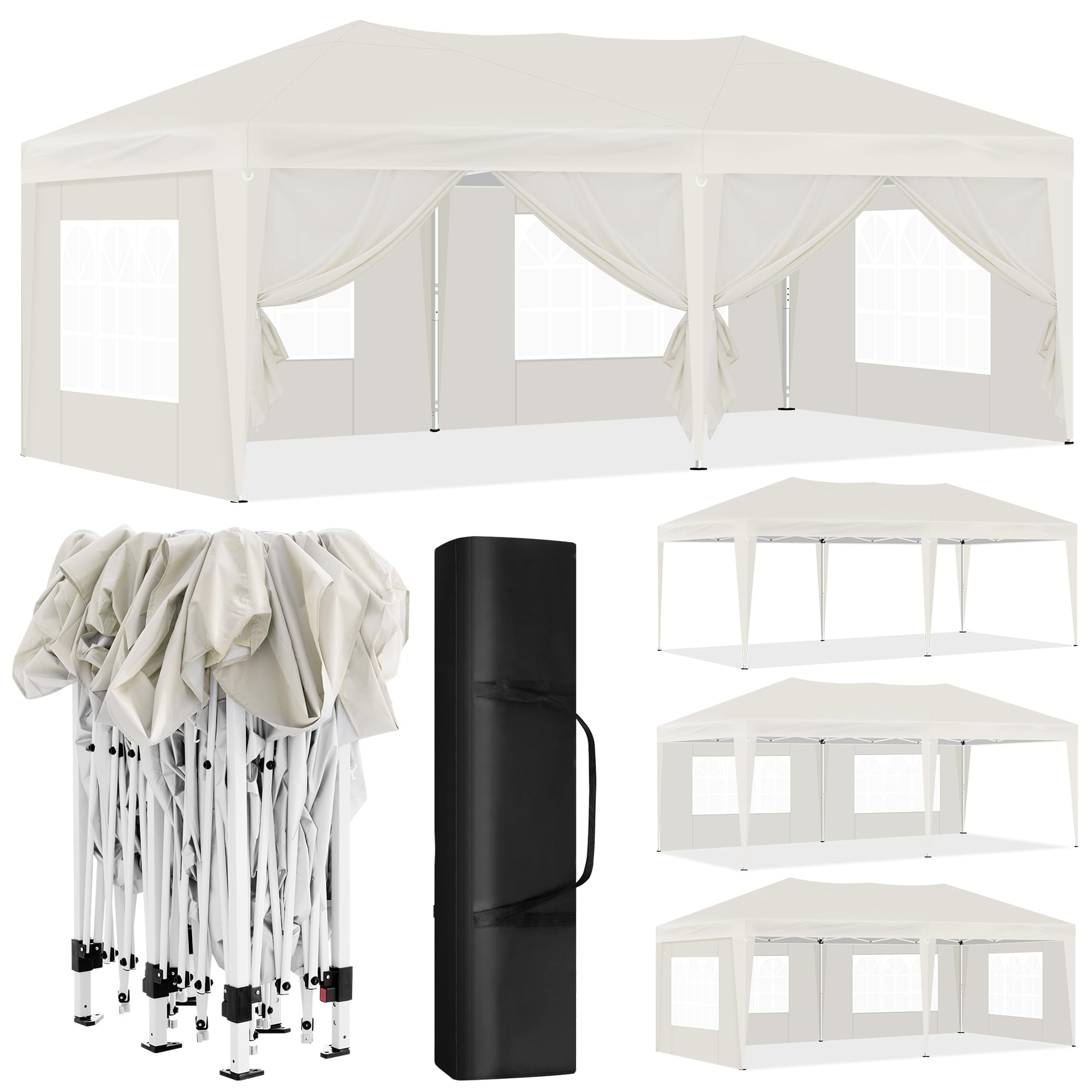 Laneetal Tonnelle de Jardin Pliante 3x6m, Tente de Réception Pop-up, Pavillon en Métal, avec 6 Parois Latérales et 4 Fenêtres, pour Camping Fête Plage, Beige