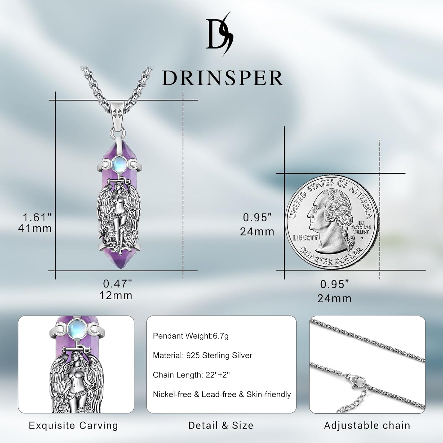 Hecate Lilith Triple Moon Goddess Moonstone Necklace Hekate Healing Crystal Pendant 925 Sterling Silver Ancient Greek Mythology Witches Magic Amulet Charm Jewelry for Women Men