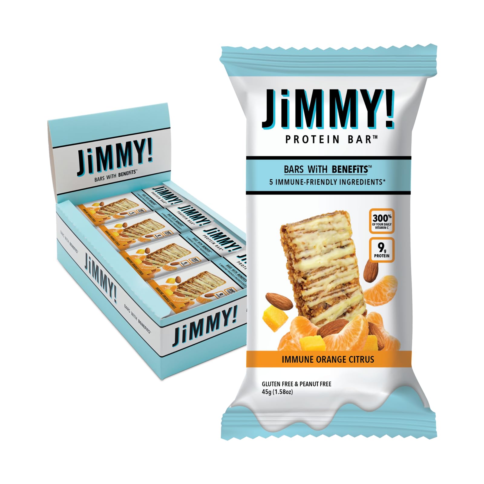JiMMYBAR! - Immune! Orange Citrus Blast Protein Bars - 9g Protein Bar - 12 Count - 58g of Real Food - 300% of Daily Vitamin C - Chewy & Soft Meal